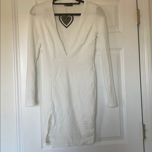 Nasty Gal White Long Sleeve Deep V Mini Dress